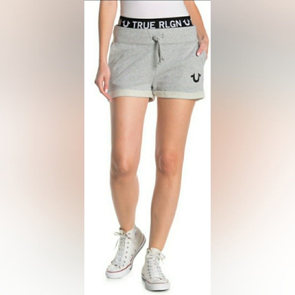 Women's Gray Casual Shorts - True Religion Women's Logo Trim Elastic